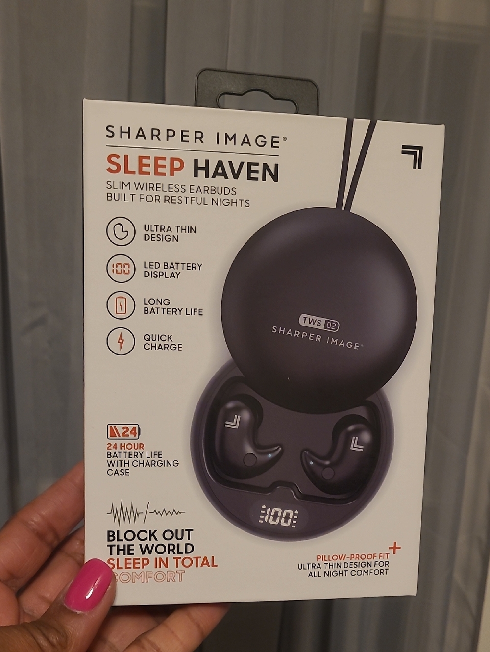 Sharper Image Sleep Haven Slim Wireless Earbuds - White and Black Packaging